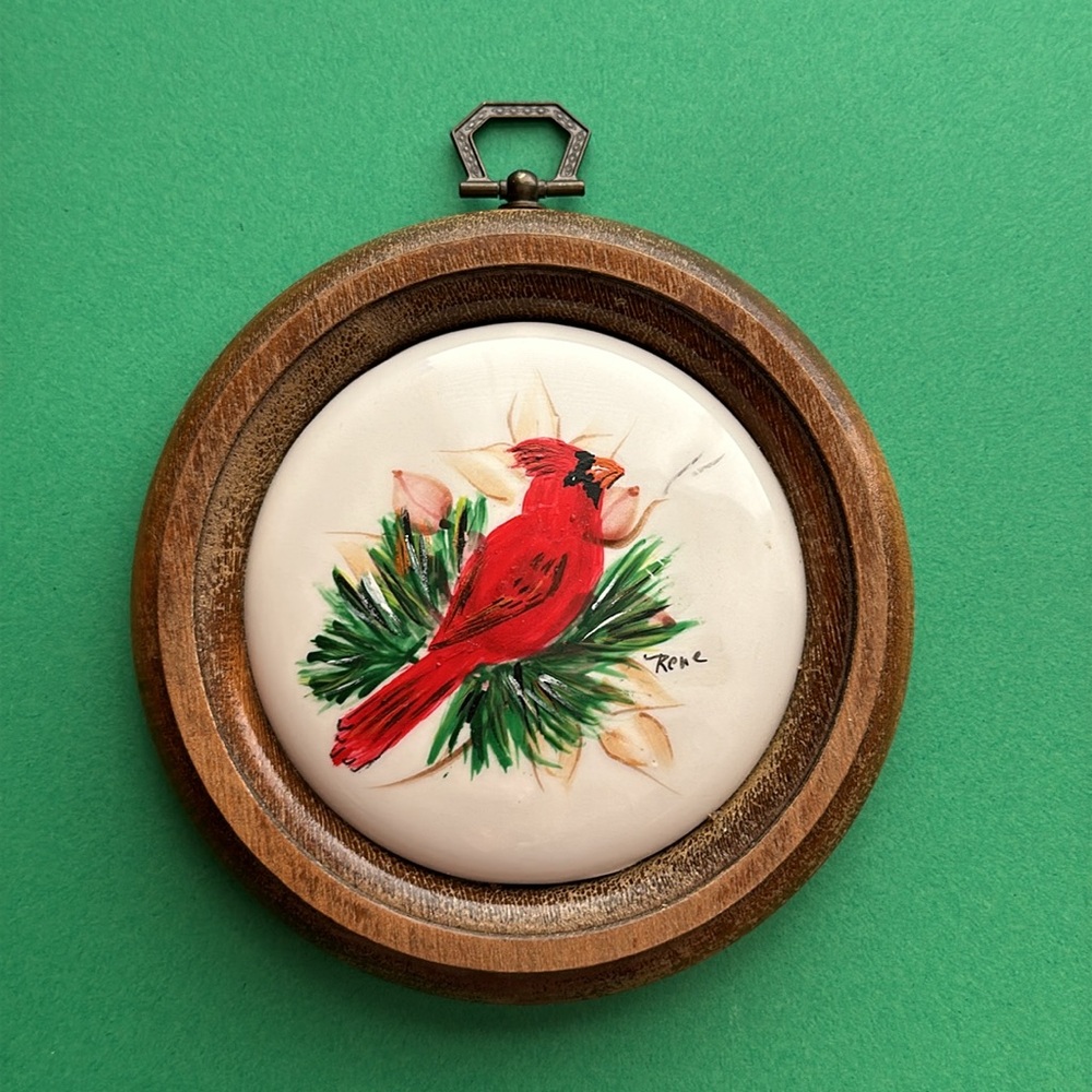 VTG Ceramic Cardinal Wall Plaque in Round Wood Frame Hand Painted Artist Signed